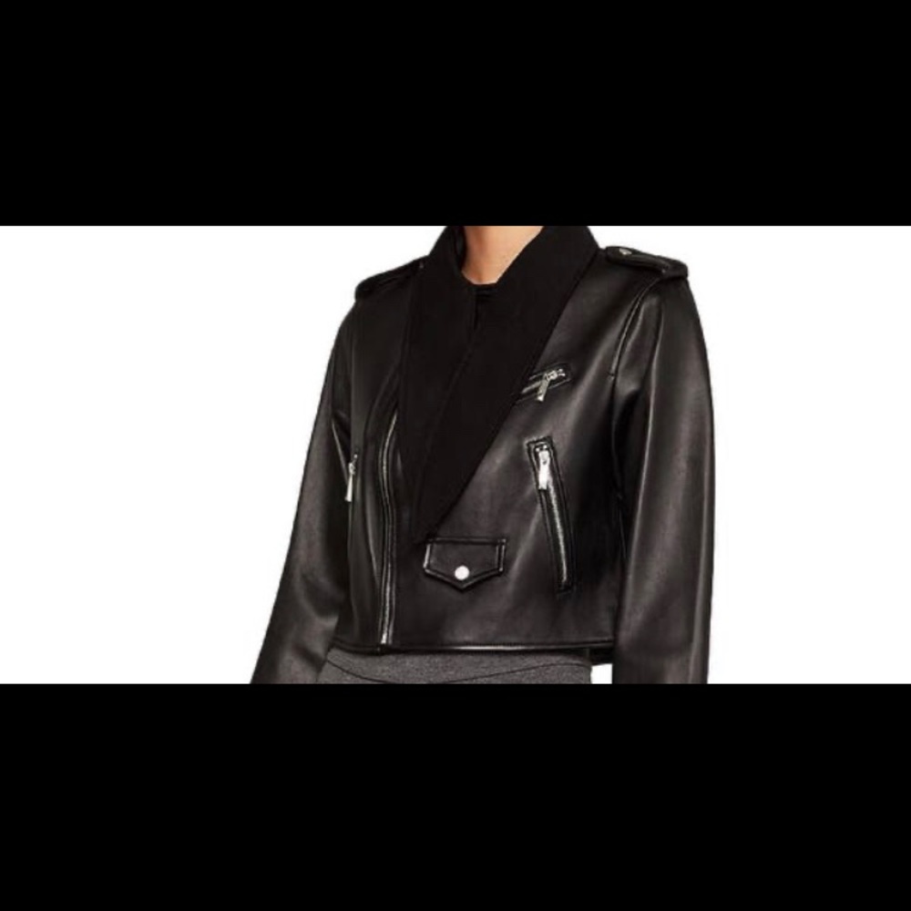 BCBG Max Azria  Leather Jacket Tie Neck Cropped